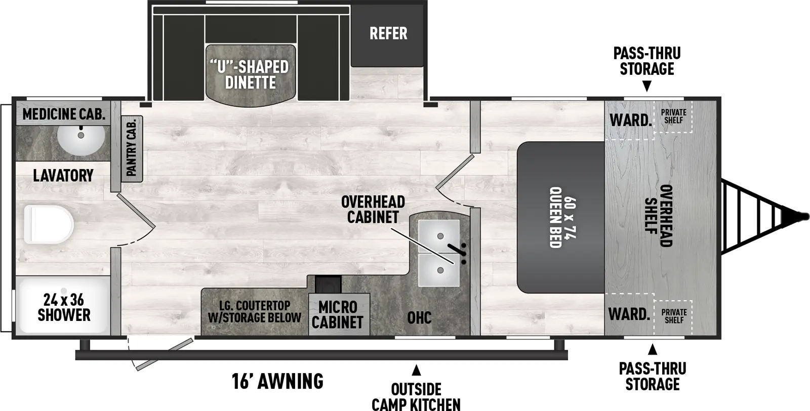 The 251RBS has one slideout and one entry. Exterior features front pass-through storage, outside camp kitchen, and 16 foot awning. Interior layout front to back: foot-facing queen bed with overhead shelf and wardrobe with private shelf on each side; off-door side slideout with refrigerator and u-shaped dinette; kitchen counter with sink wraps along inner wall to door side with cooktop, overhead cabinet, microwave, more countertop space with storage below, and entry; pantry cabinet on inner wall of rear full bathroom with medicine cabinet.